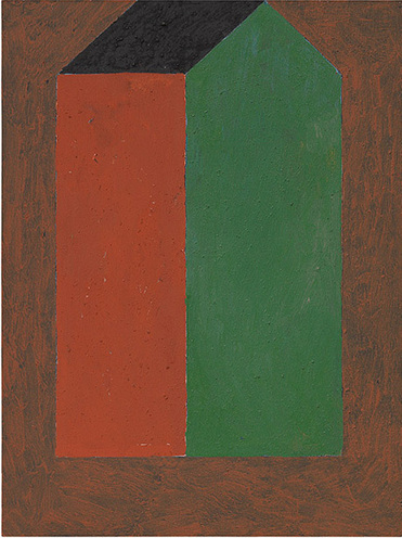 Haus rot, grün, schwarz in dunkler Fläche